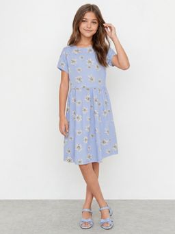 R&B - Girls Blue Floral Print Pure Cotton Short Sleeves Fit and Flare Dress