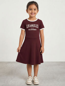 R&B - Girls Brown California Graphic Print Pure Cotton Short Sleeves A-Line Dress