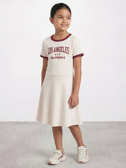 R&B - Girls Beige California Graphic Print Pure Cotton Short Sleeves A-Line Dress