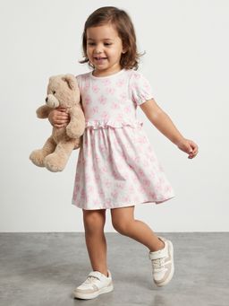 R&B - Girl White Butterfly Print Pure Cotton Puff Sleeves Fit and Flare Dress