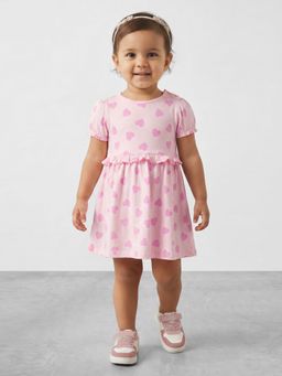 R&B - Girls Pink Heart Print Pure Cotton Puff Sleeves Fit and Flare Dress