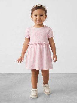 R&B - Girls Pink Bow Print Pure Cotton Puff Sleeves Fit and Flare Dress