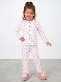 R&B - Girls White Floral Print Long Sleeves Shirt and Pyjama