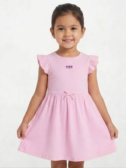 R&B - Girls Pink Tropical Embroidery Flutter Sleeves Fit and Flare Dress