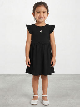 R&B - Girls Black Floral Embroidery Flutter Sleeves Fit and Flare Dress