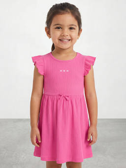 R&B - Girls Pink Tropical Embroidery Flutter Sleeves Fit and Flare Dress