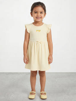 R&B - Girls Yellow Tropical Embroidery Flutter Sleeves Fit and Flare Dress