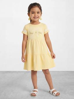 R&B - Girls Yellow Graphic Print Pure Cotton Short Sleeves Fit and Flare Dress