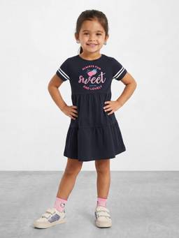 R&B - Girls Navy Blue Glitter Graphic Print Pure Cotton Short Sleeves Fit and Flare Dress