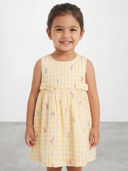 R&B - Girls Yellow Floral Print Pure Cotton Sleeveless Fit and Flare Dress