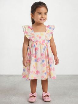 R&B - Girls White Floral Print Pure Cotton Flutter Sleeves Fit and Flare Dress