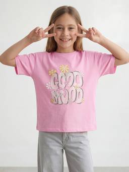 R&B - Girls Pink Regular Fit Floral Print Short Sleeve T-shirt