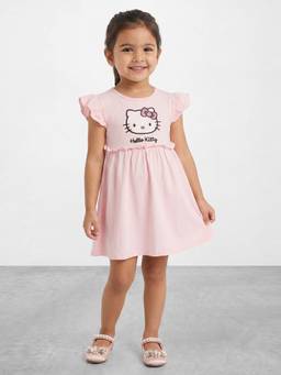 R&B - Girls Pink Hello Kitty Flutter Sleeves Fit and Flare Dress