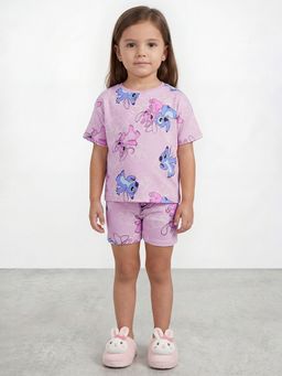 R&B - Girls Pink Stitch Printed Cotton Blend T-shirt & Shorts