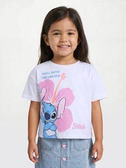 R&B - Girls White Regular Fit Stitch Printed Short Sleeve T-shirt