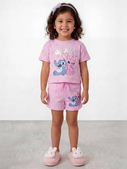 R&B - Girls Pink Stitch Print Pure Cotton T-shirt and Short