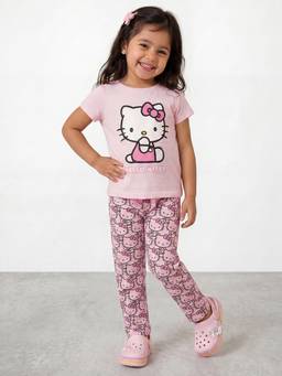 R&B - Girls Pink Hello Kitty Print Pure Cotton T-shirt and Pyjama