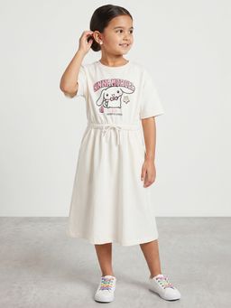 R&B - Girl Beige Cinnamoroll Print Pure Cotton Short Sleeves Fit and Flare Dress