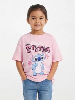 R&B - Girls Pink Regular Fit Stitch Printed Short Sleeve T-shirt