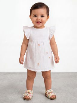 R&B - Girl White Embroidery Floral Pure Cotton Flutter Sleeves Fit and Flare Dress