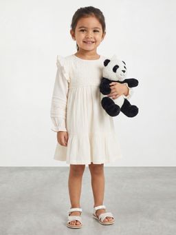 R&B - Girls White Texture Pure Cotton Long Sleeves Fit and Flare Dress