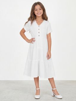 R&B - Girl White Texture Pure Cotton Short Sleeves Fit and Flare Dress