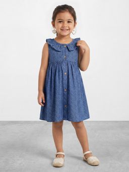 R&B - Girls Navy Blue Floral Print Pure Cotton Sleeveless Fit and Flare Dress