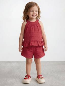 R&B - Girls Red Self Design Cotton Blend Sleeveless Co-Ord Set
