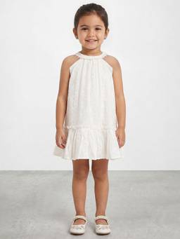 R&B - Girl White Self Design Pure Cotton Sleeveless A-Line Dress