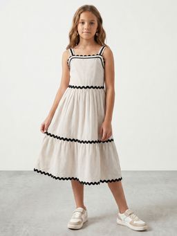 R&B - Girl Beige Regular Fit Solid Sleeveless Fit and Flare Dress