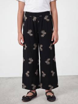 R&B - Girls Black Wide Leg Printed Mid-Rise Cotton Trouser