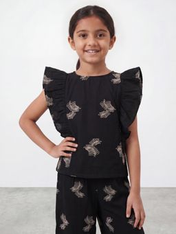 R&B - Girls Black Regular Fit Embroidered Flutter Sleeve Top