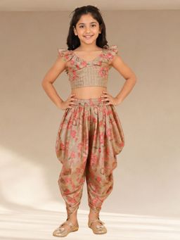 Lil Drama - Golden Weaves Beige Floral Print Blouse with Dhoti