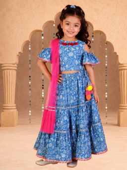 Lil Drama - Girls Floral Print Choli with Lehenga & Dupatta