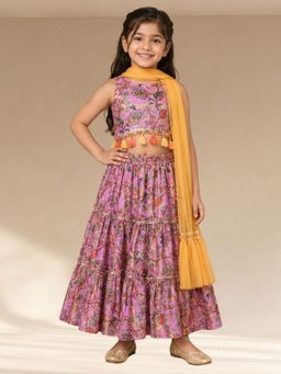 Lil Drama - Golden Weaves Girls Purple Lehenga with Choli