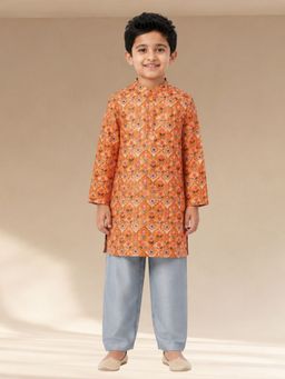 Lil Drama - Rangoli Boys Orange Floral Print Kurta with Pyjama