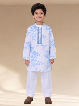 Lil Drama - Ethnic Boys White Floral Print Kurta with Pant