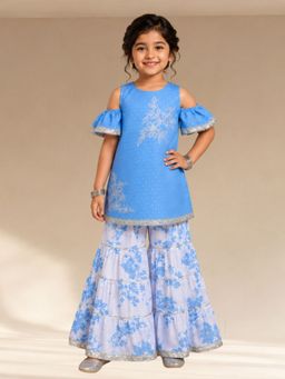 Lil Drama - Ethnic Girls Blue Cotton Kurta with Sharara