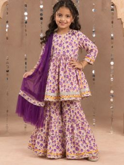 Lil Drama - Jaipur Girls Purple Cotton Kurta with Sharara with Dupatta
