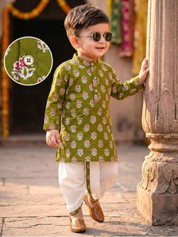 Tiny Bugs - Boys Printed Kurta and Dhoti- Olive Green