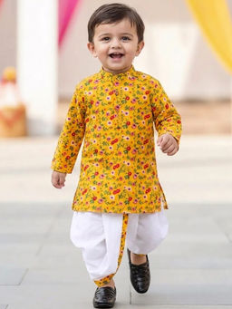 Tiny Bugs - Boys Printed Kurta and Dhoti- Yellow