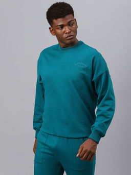 Fitkin - Men Teal Crew Neck Fleece Sweatshirt