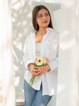 October - Cloud White Heart Pocket Hand Painted Oversized Shirt