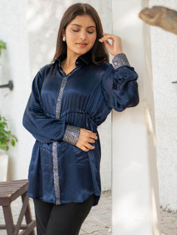 October - Deep Sea Real Silver Drawstring Waist Mashru Blue Shirt