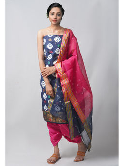 Unnati Silks - Unstitched Navy Blue Pure Bandhani Cotton Salwar Kameez (Set of 3)