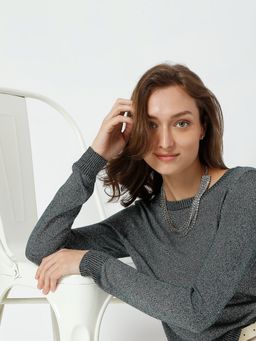 VERO MODA - Women Self Design Grey Sweater