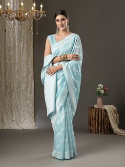 Akhilam - Womens Cotton Silk Turquoise Woven Design Designer Saree with Unstitched Blouse
