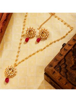 AARSEE OFFICIAL - 22Kt Gold-Plated Red Blossom Pearl Chain Necklace With Earrings