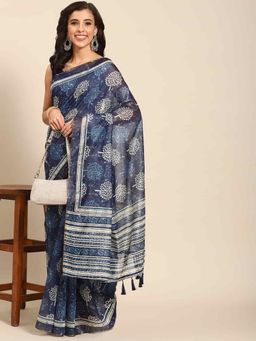 Silk Land - Womens Pure Cotton Navy Blue Block Print Saree with Unstitched Blouse