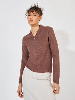 Styli - Women Brown Regular Fit V- Neck Textured Sweater